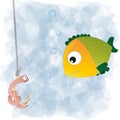 Curious cartoon fish looks at a funny worm Royalty Free Stock Photo